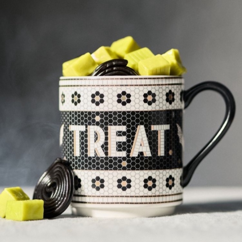 Anthropologie The Bistro Tile Stoneware Mug: Halloween  BAT Trick or Treat
